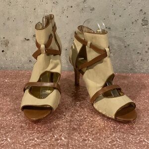 daniblack Khaki and Brown OpenToe Cut Out Ankle Bootie w/3” Faux Wood Heel - 7.5